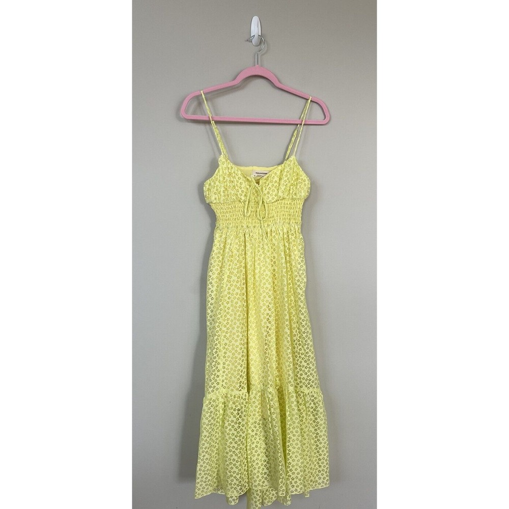 New Urban Outfitters Women Reina Semi-Sheer  Preppy Yellow Midi Dress Size Small - Picture 4 of 13